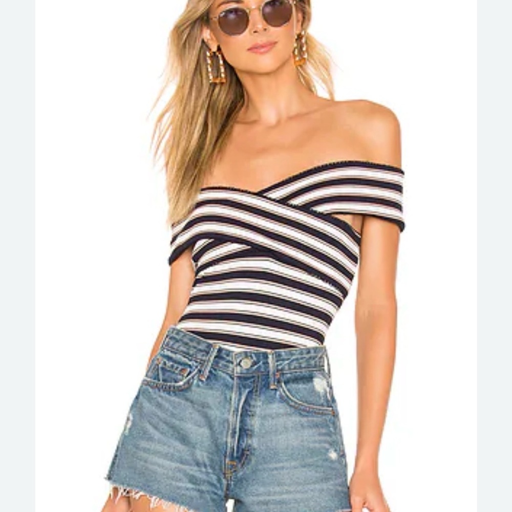 Lovers + Friends Black and White Striped Off-Shoulder Bodysuit